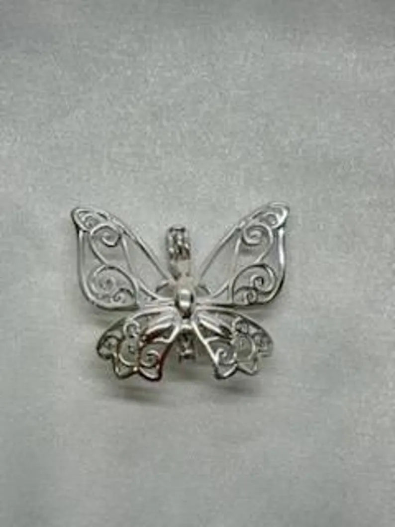 Sterling Silver Gemstone Cage Pendant • Butterfly Design • Fits 8mm Gem • Interchangeable Necklace • White Gold Plated