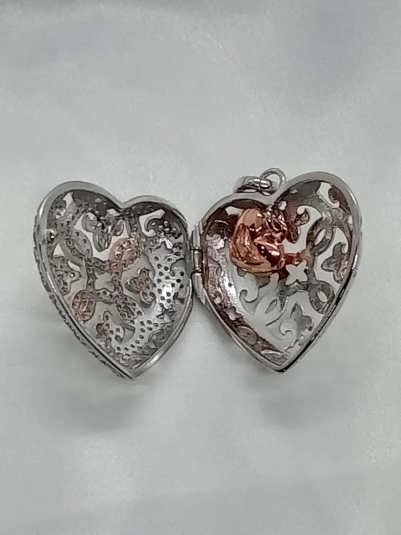 Elegant Heart Filigree Sterling Silver Locket Pendant Necklace • Hidden Surprise Inner Dangling Rose Gold Heart