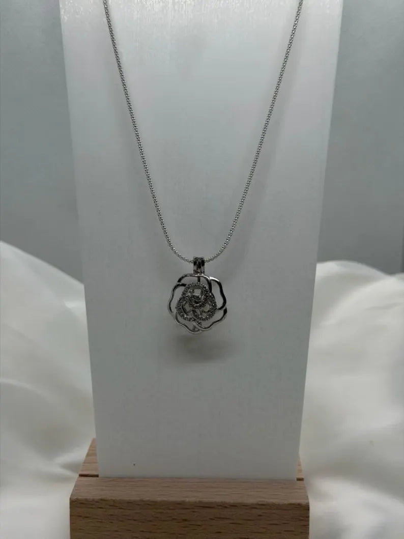 Sterling Silver Gemstone Cage Pendant • Flower CZ Swirl • Interchangeable Necklace • Fits 5mm Gem (3 pcs) • White Gold Plated