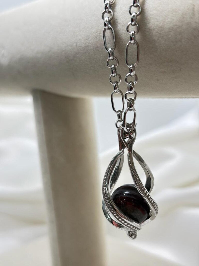 Sterling Silver Cage Pendant with Gemstone Options • Large Twist Design • White Gold Plated • Red Agate • Rainbow Obsidian • Bloodstone