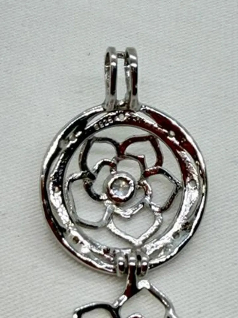 Sterling Silver Gemstone Cage Pendant • Flower with CZ Center • Interchangeable Necklace • Fits 5mm Gem (4 pcs) • White Gold Plated