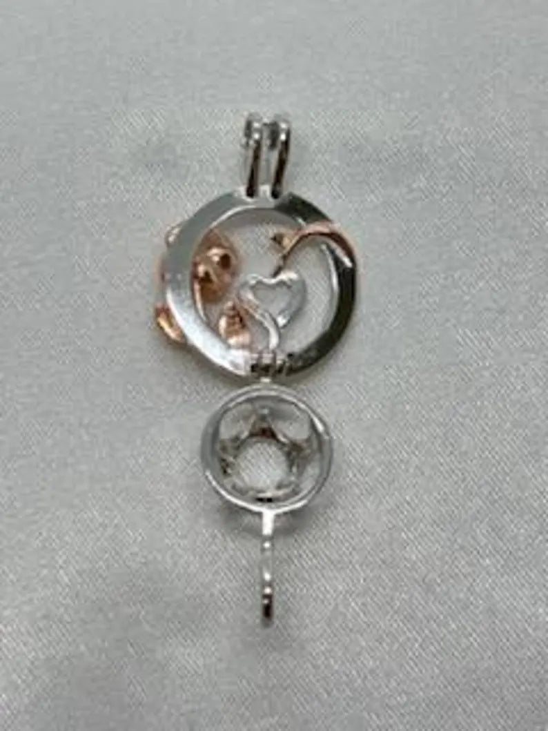 Romantic Cage Pendant Gift • 'I Love You Forever' Rose Gold Flower with Silver Heart • Fits 6mm Gem • Sterling Silver (White Gold Plated)