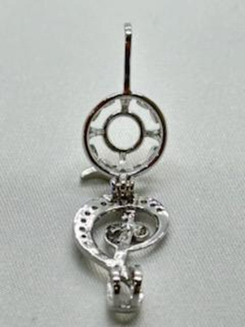 Sterling Silver Gemstone Cage Pendant • Musical Note B2 • Fits 8mm Gem • White Gold Plated