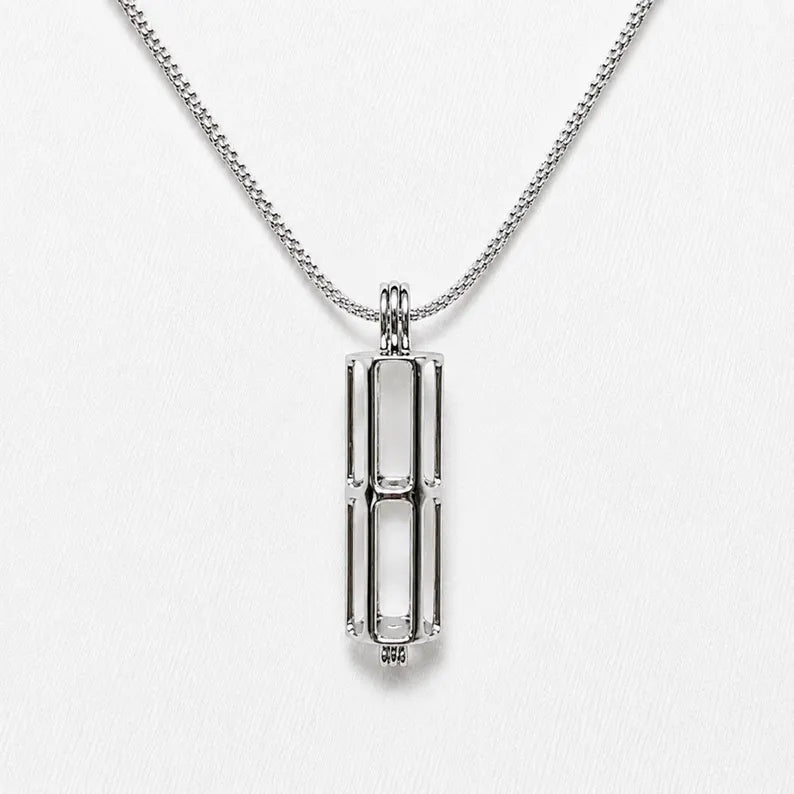 Sterling Silver Gemstone Cage Pendant • Cylinder Design • Fits 4 pcs 6mm Gems • Interchangeable Necklace • White Gold Plated