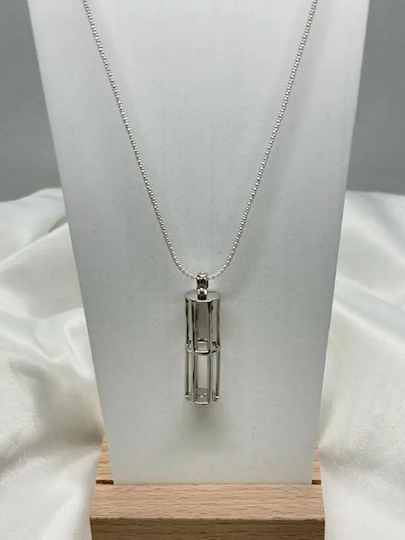 Sterling Silver Gemstone Cage Pendant • Large Cylinder • Fits 8mm (or 5 pcs 6mm) Gems • Interchangeable Necklace • White Gold Plated