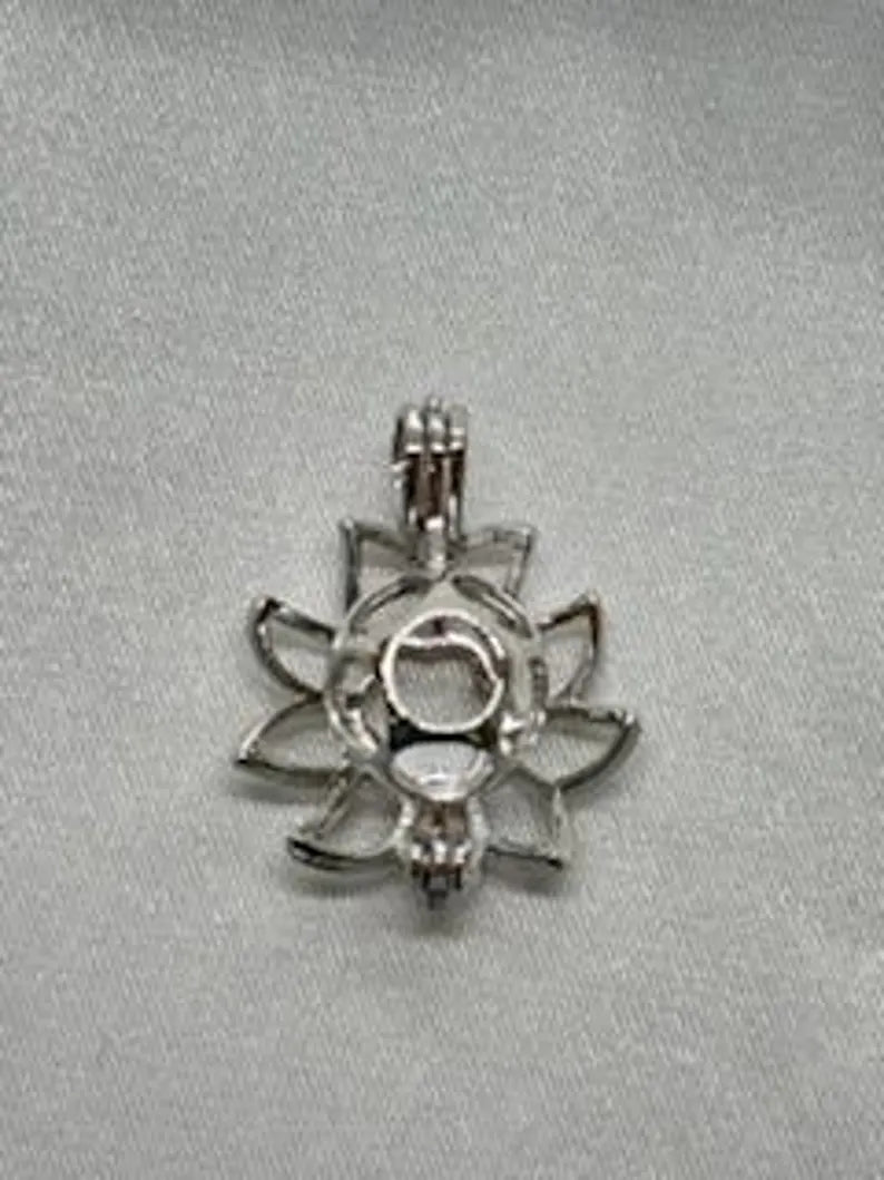 Sterling Silver Gemstone Cage Pendant • Sunflower Design • Fits 8mm Gem • Interchangeable Necklace • White Gold Plated