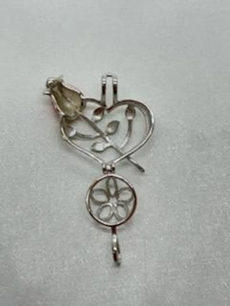 Romantic Cage Pendant Gift • Red Rose + Green Leaves Sterling Silver (White Gold Plated) • Fits 6mm Gem • with Gemstone Options