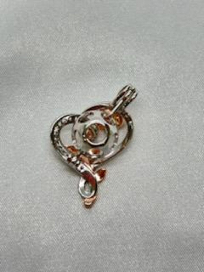 Romantic Cage Pendant Gift • Rose Gold CZ Flower in Sterling Silver CZ Heart • Sterling Silver White Gold Plated • Fits 6mm Gem • Gem Option