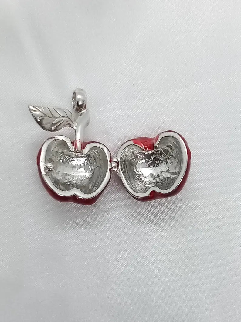 Red Apple Sterling Silver Locket Cage Pendant Necklace • Fits 8mm Gem (4× 6mm, 6× 5mm)