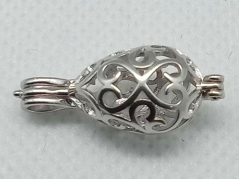 Sterling Silver Gemstone Cage Pendant • Oval Egg • Fits 8mm Gem • White Gold Plated