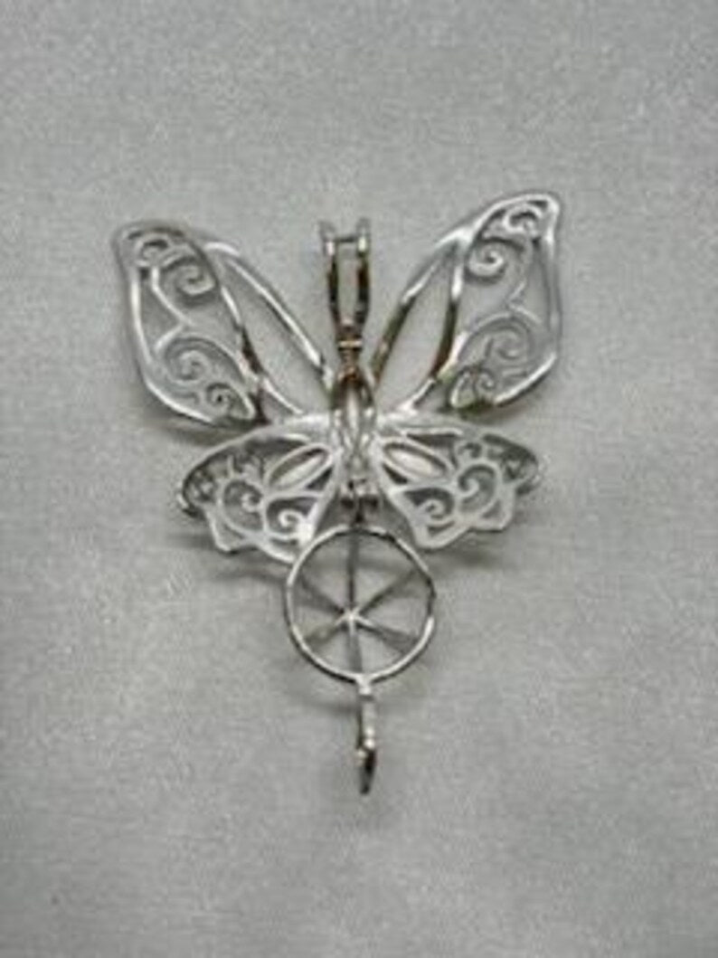 Sterling Silver Gemstone Cage Pendant • Butterfly Design • Fits 8mm Gem • Interchangeable Necklace • White Gold Plated
