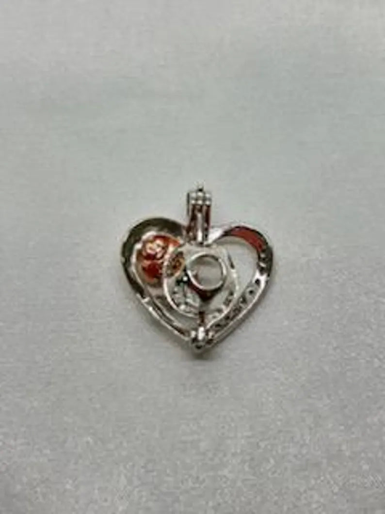 Romantic Cage Pendant Gift • Rose Gold Bloom on Green Stem in 925 CZ Heart • Sterling Silver White Gold Plated • Fits 6mm Gem • Gem Options