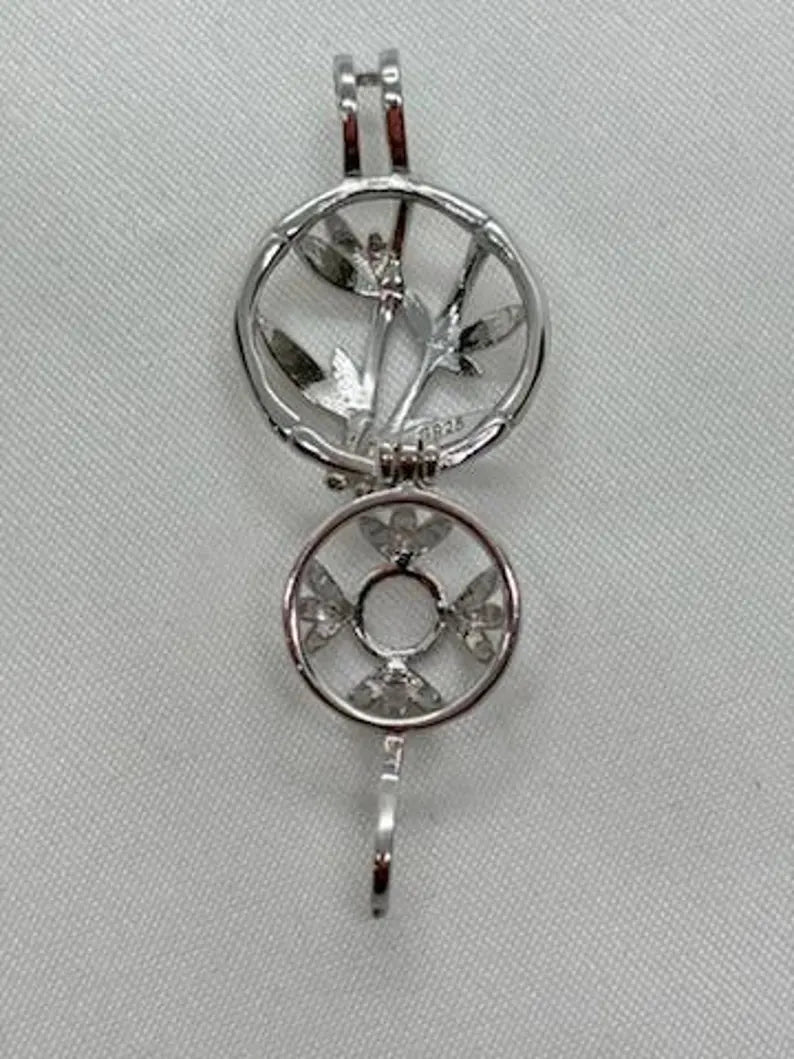 Sterling Silver Gemstone Cage Pendant • Blossoming Plant • Interchangeable Necklace • Fits 8mm Gem • White Gold Plated