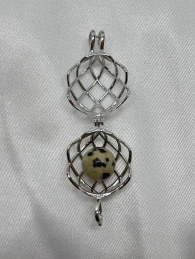Sterling Silver Cage Pendant with Gemstone Options • Round Classic • White Gold Plated • Jade • Jasper • Peach Moonstone • Blue Lace Agate