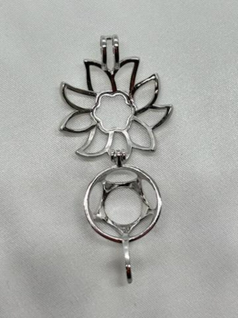 Sterling Silver Gemstone Cage Pendant • Large Sunflower Design • Fits 14mm Gem • White Gold Plated