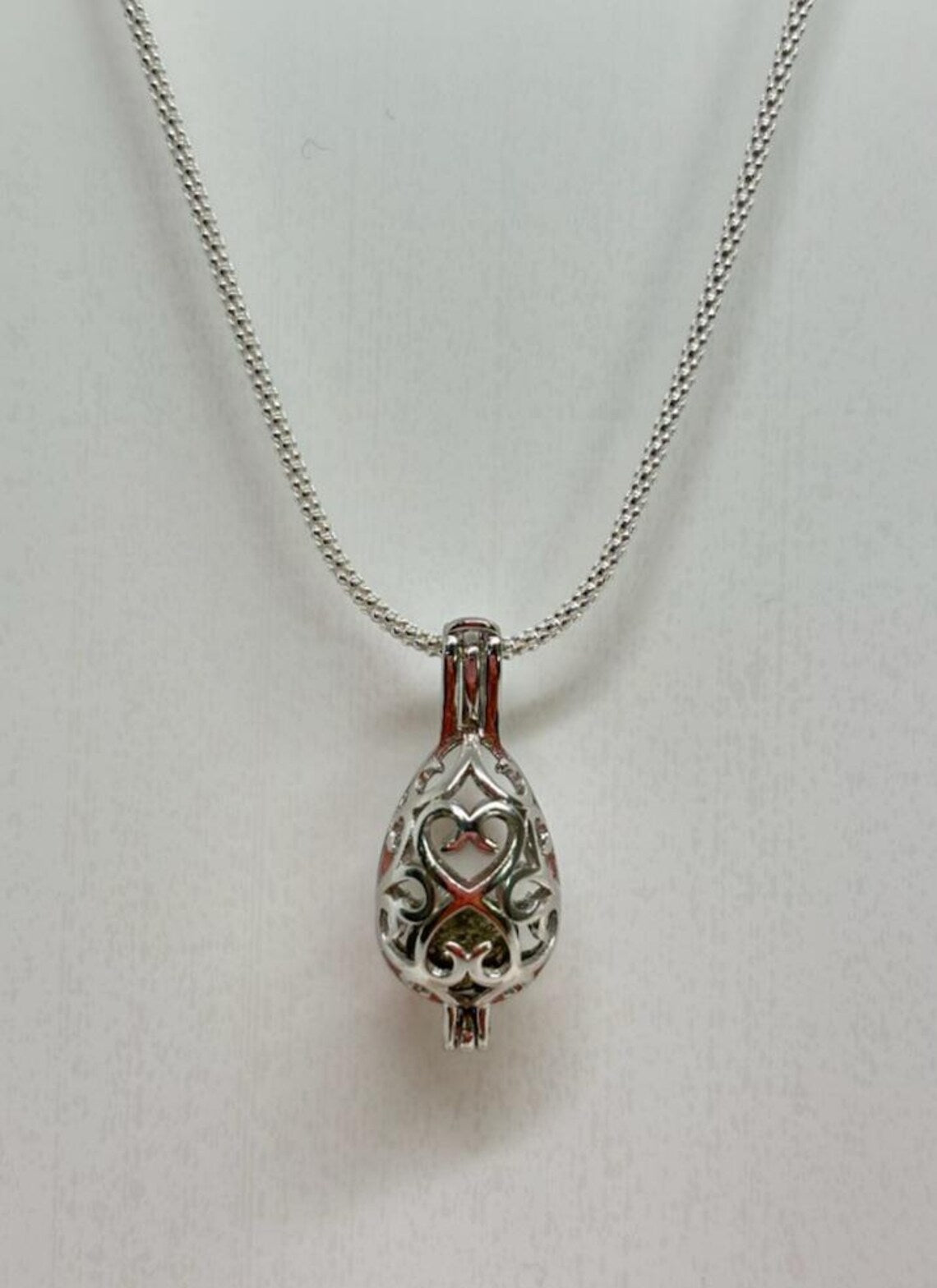 Sterling Silver Cage Pendant with Gemstone Options • Oval Egg Design • White Gold Plated • Peach Morganite • Green Fluorite • Gold Pyrite