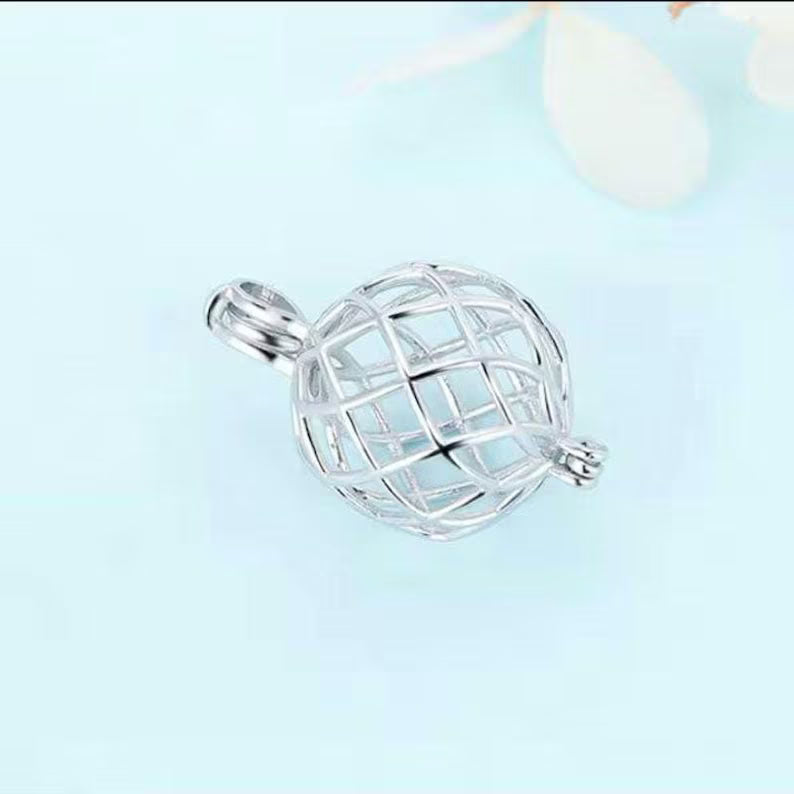 Sterling Silver Gemstone Cage Pendant • Round Classic • Fits 14mm Gem • White Gold Plated