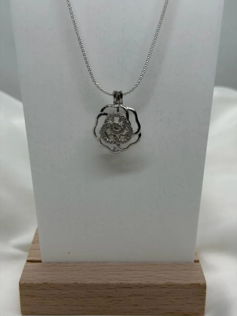 Sterling Silver Gemstone Cage Pendant • Flower CZ Swirl • Interchangeable Necklace • Fits 5mm Gem (3 pcs) • White Gold Plated