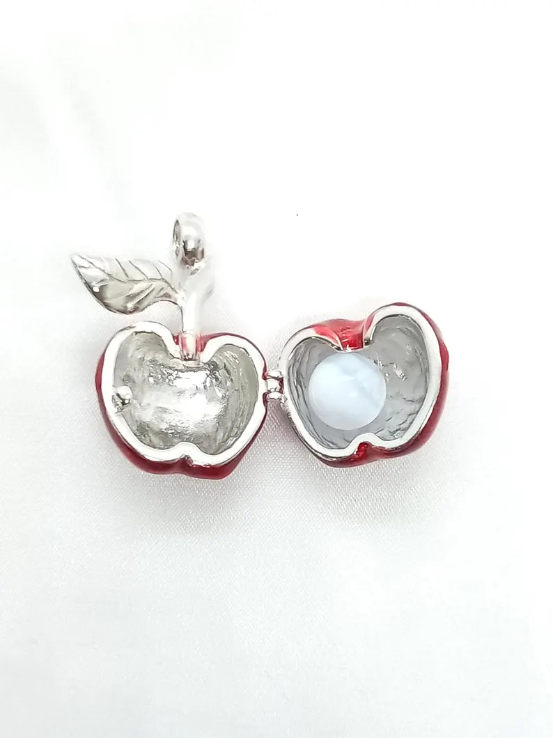 Red Apple Sterling Silver Locket Cage Pendant Necklace • Fits 8mm Gem (4× 6mm, 6× 5mm)