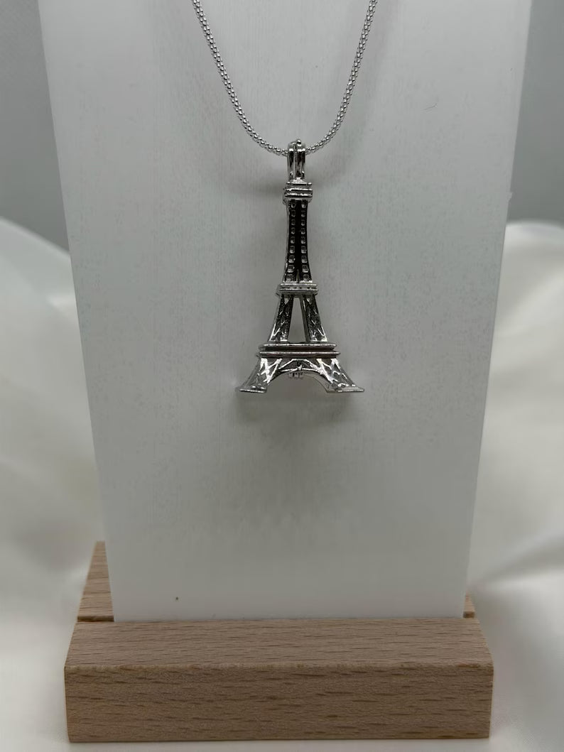 Sterling Silver Gemstone Cage Pendant • Eiffel Tower • 925 Crystal Holder • Birthstone Pendant • Fits 6mm (or 4 pcs 5mm) • White Gold Plated