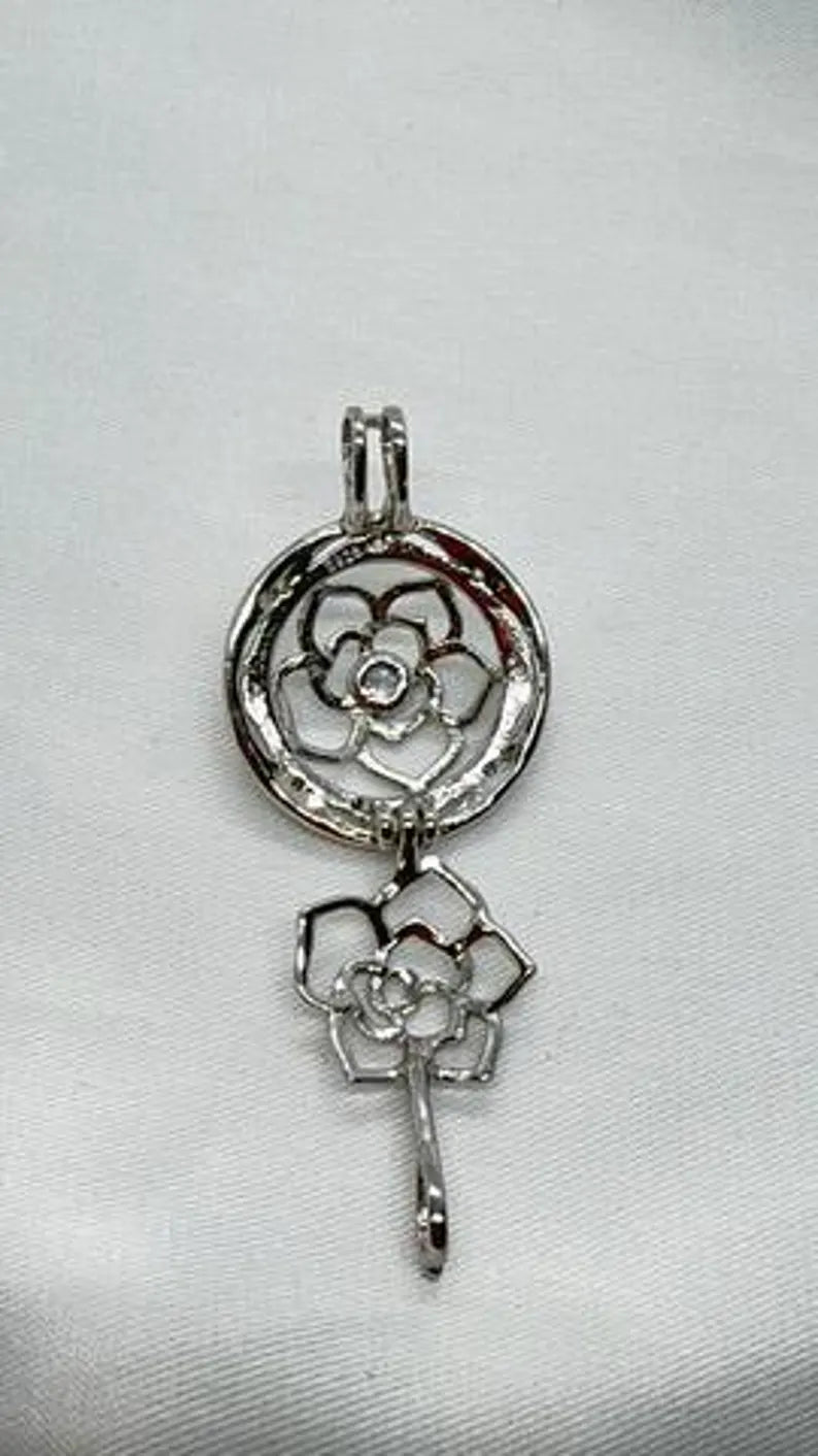 Sterling Silver Gemstone Cage Pendant • Flower with CZ Center • Interchangeable Necklace • Fits 5mm Gem (4 pcs) • White Gold Plated