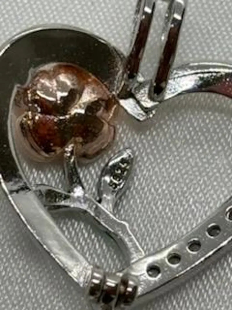 Romantic Cage Pendant Gift • Rose Gold Bloom on Green Stem in 925 CZ Heart • Sterling Silver White Gold Plated • Fits 6mm Gem • Gem Options