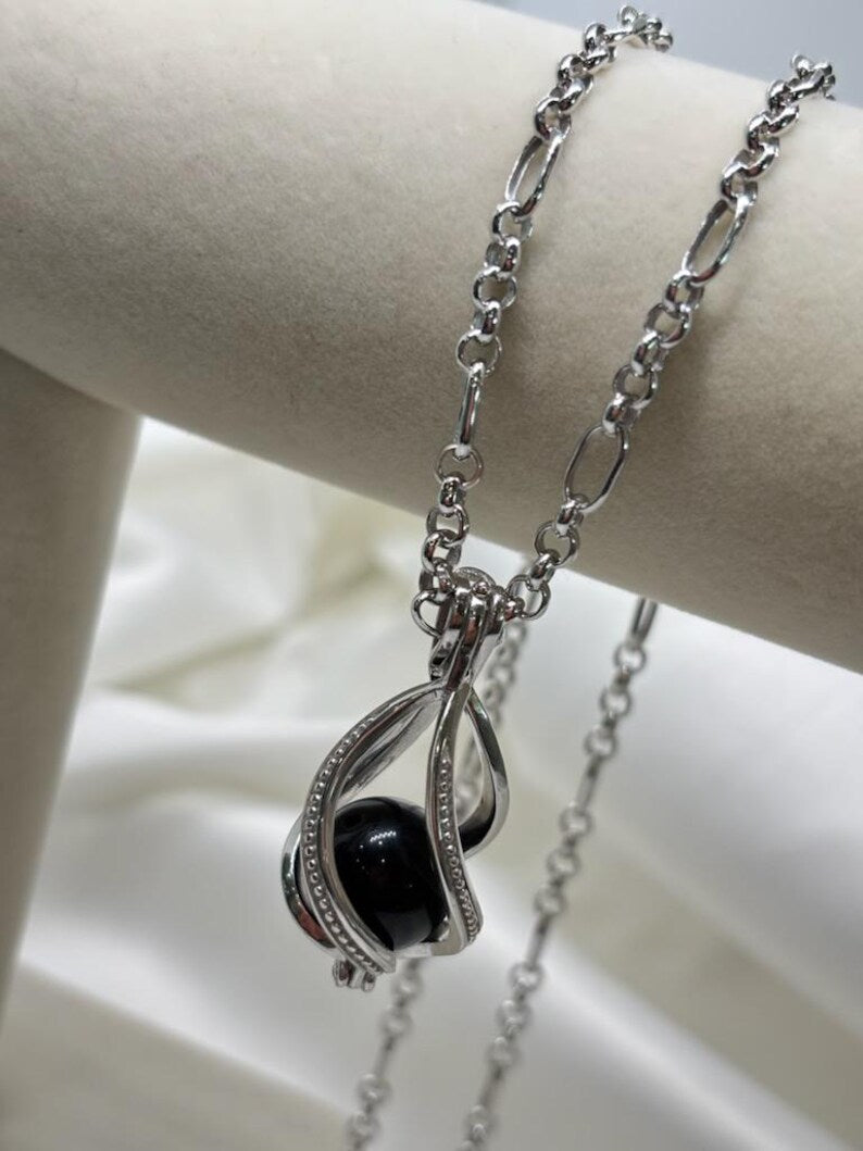 Sterling Silver Cage Pendant with Gemstone Options • Large Twist Design • White Gold Plated • Red Agate • Rainbow Obsidian • Bloodstone
