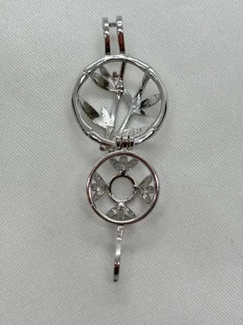 Sterling Silver Gemstone Cage Pendant • Blossoming Plant • Interchangeable Necklace • Fits 8mm Gem • White Gold Plated