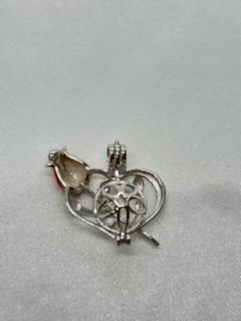 Romantic Cage Pendant Gift • Red Rose + Green Leaves Sterling Silver (White Gold Plated) • Fits 6mm Gem • with Gemstone Options