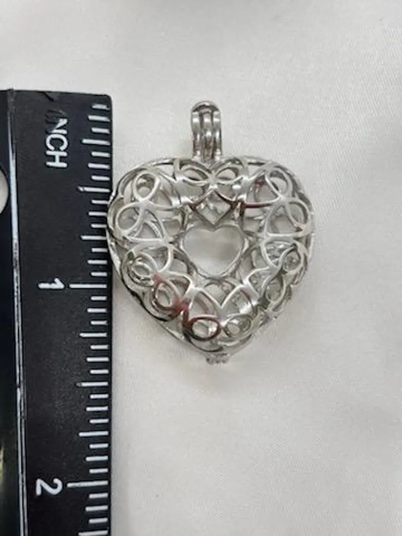 Sterling Silver Cage Pendant with Gemstone Options • Lovely Heart Design • White Gold Plated • 9 Chakra • Angelite • Dumortierite
