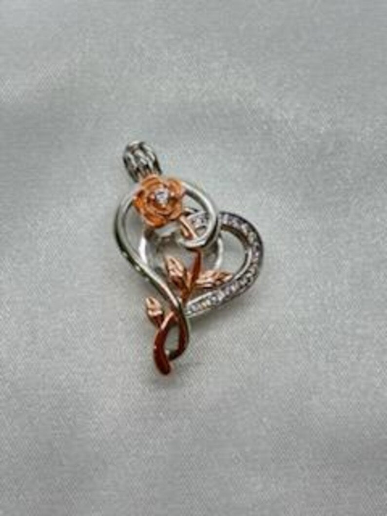 Romantic Cage Pendant Gift • Rose Gold CZ Flower in Sterling Silver CZ Heart • Sterling Silver White Gold Plated • Fits 6mm Gem • Gem Option