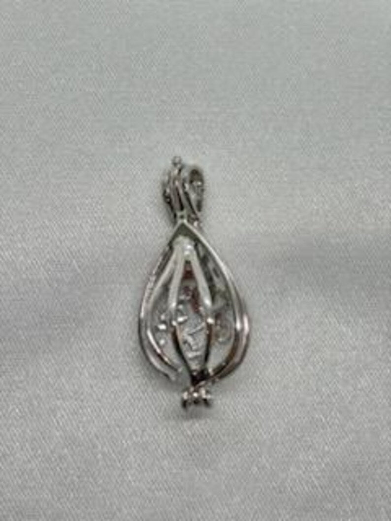 Sterling Silver Gemstone Cage Pendant • Flowing Waterdrop • Fits 8mm Gem • White Gold Plated