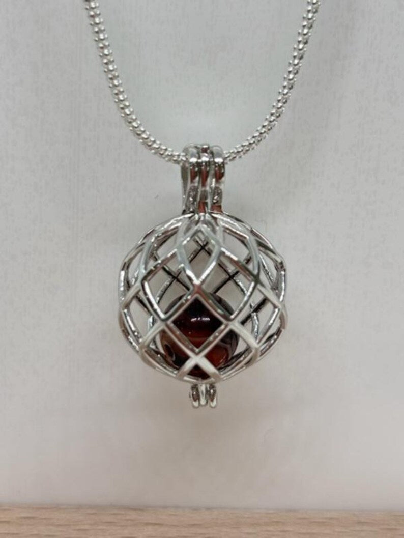 Sterling Silver Cage Pendant with Gemstone Options • Round Classic • White Gold Plated • Jade • Jasper • Peach Moonstone • Blue Lace Agate