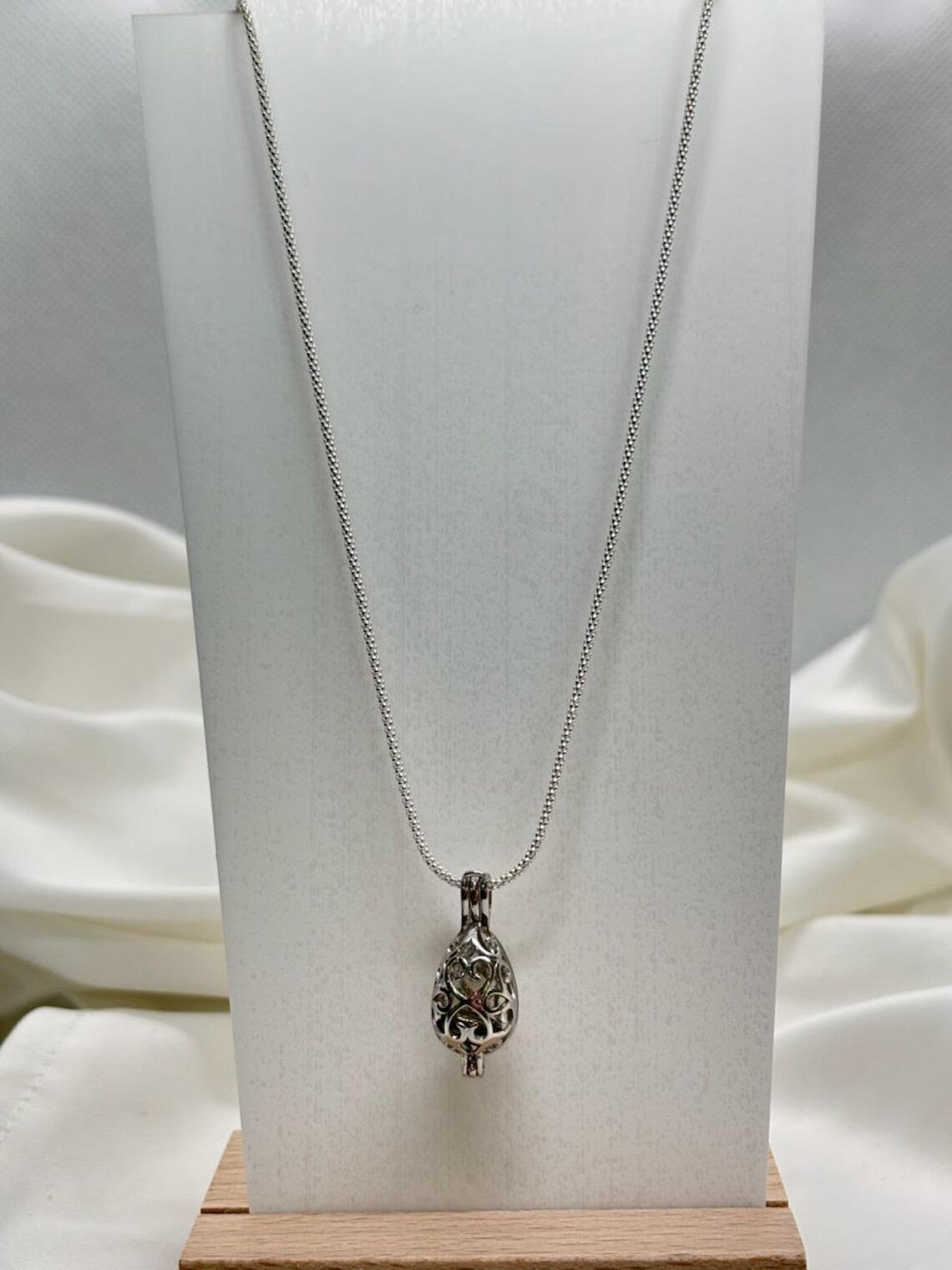 Sterling Silver Cage Pendant with Gemstone Options • Oval Egg Design • White Gold Plated • Peach Morganite • Green Fluorite • Gold Pyrite