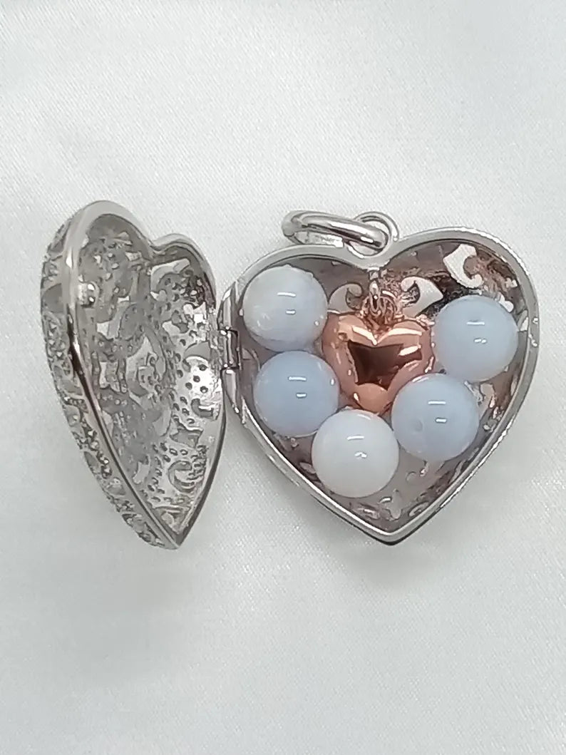 Elegant Heart Filigree Sterling Silver Locket Pendant Necklace • Hidden Surprise Inner Dangling Rose Gold Heart