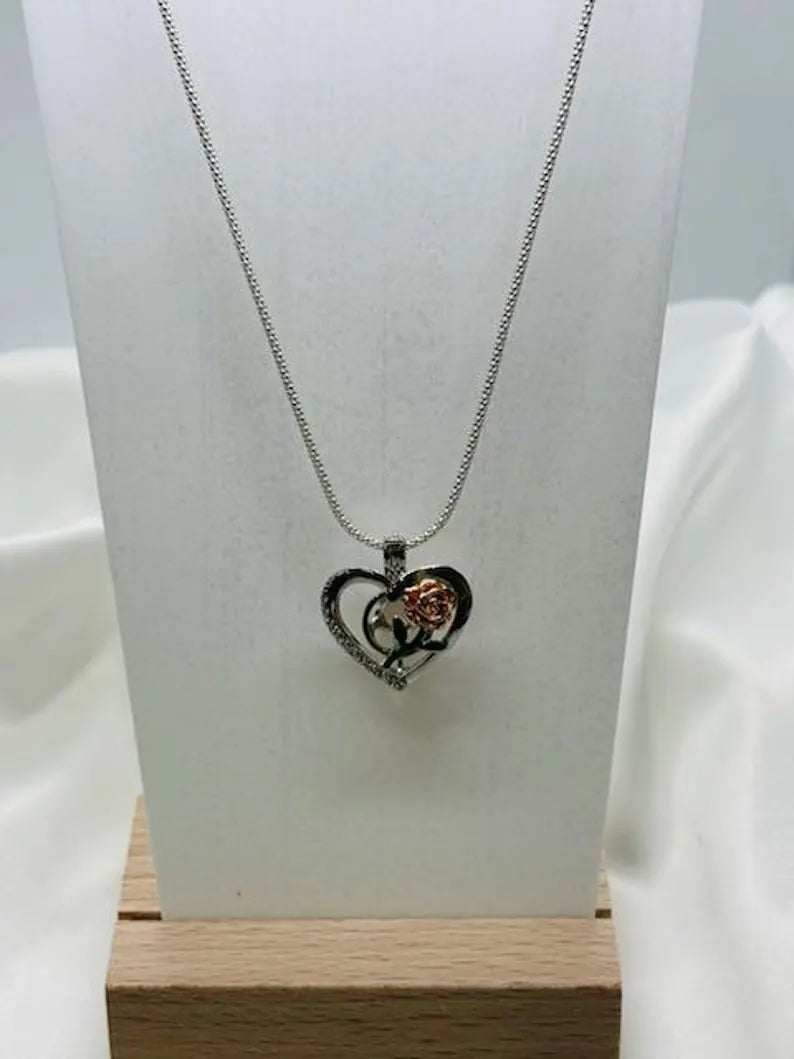 Romantic Cage Pendant Gift • Rose Gold Bloom on Green Stem in 925 CZ Heart • Sterling Silver White Gold Plated • Fits 6mm Gem • Gem Options